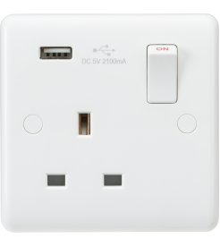 Knightsbridge Curved Edge 13A 1G Switched Socket with USB Charger (5V DC 2.1A)